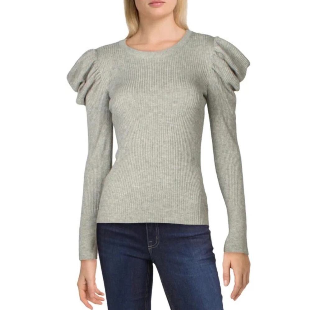 7 for all Mankind Gray Ribbed Puff Sleeve Cotton Pullover Sweater Women's Large